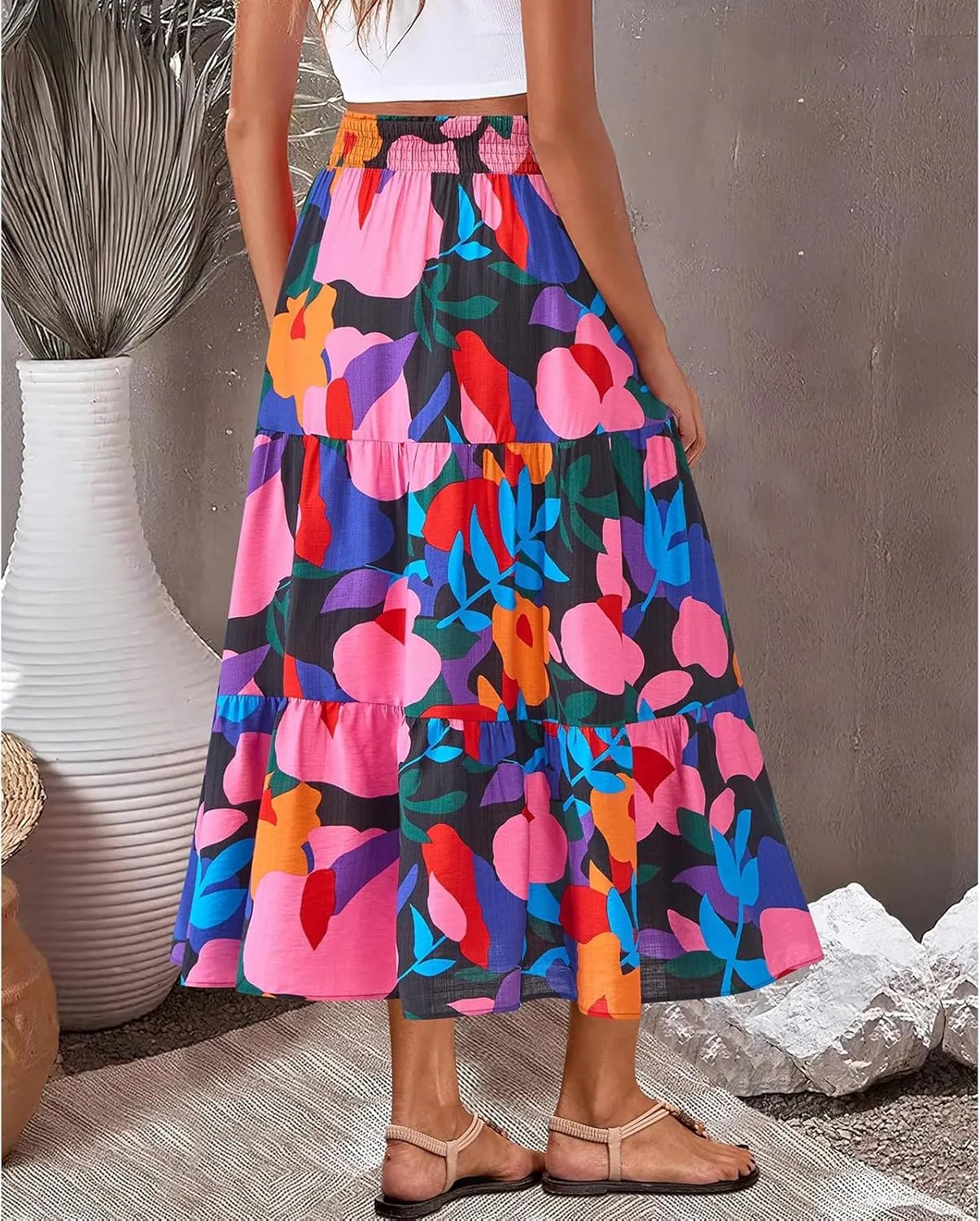 Boho Maxi Skirts for Women 2025 Tiered Floral Pleated Long Skirt Casual Hawaiian Elastic Waist Beach Flowy Skirt