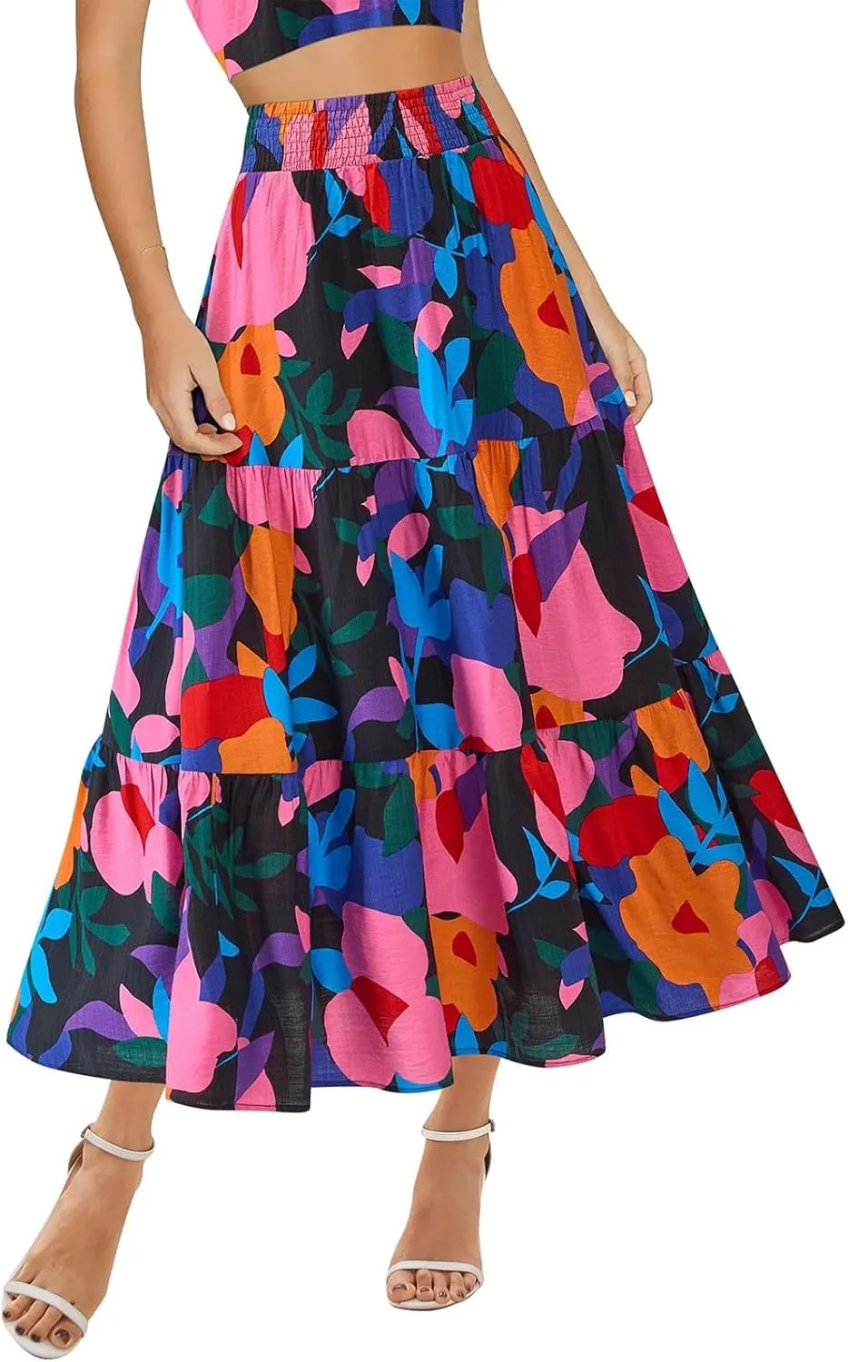 Boho Maxi Skirts for Women 2025 Tiered Floral Pleated Long Skirt Casual Hawaiian Elastic Waist Beach Flowy Skirt