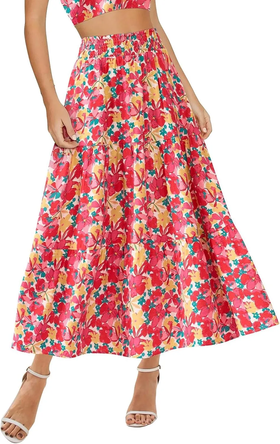 Boho Maxi Skirts for Women 2025 Tiered Floral Pleated Long Skirt Casual Hawaiian Elastic Waist Beach Flowy Skirt