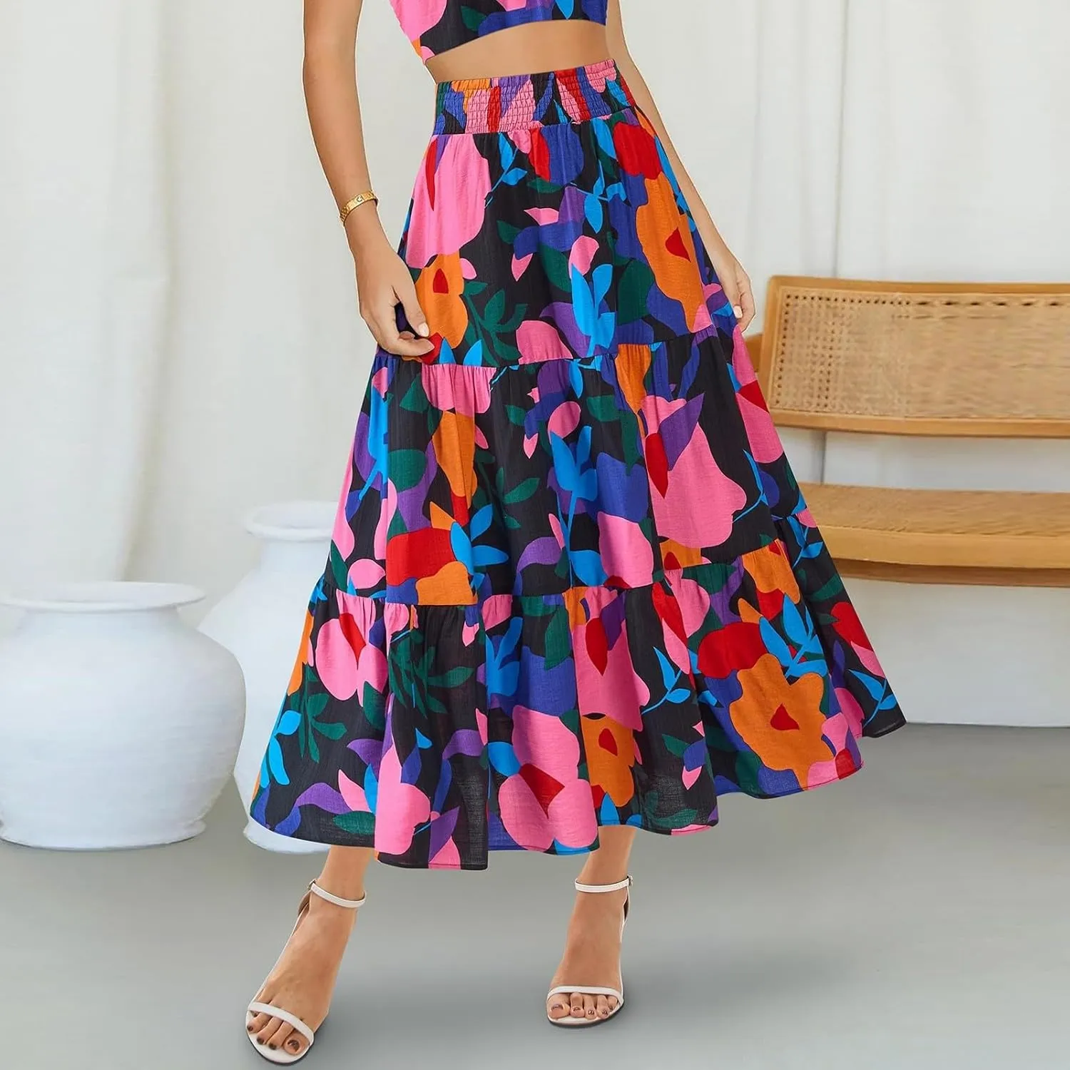 Boho Maxi Skirts for Women 2025 Tiered Floral Pleated Long Skirt Casual Hawaiian Elastic Waist Beach Flowy Skirt