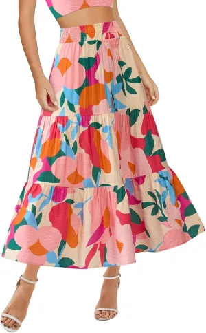 Boho Maxi Skirts for Women 2025 Tiered Floral Pleated Long Skirt Casual Hawaiian Elastic Waist Beach Flowy Skirt