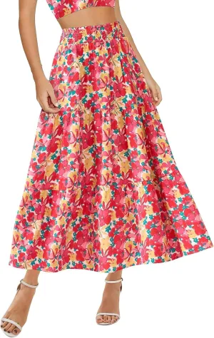 Boho Maxi Skirts for Women 2025 Tiered Floral Pleated Long Skirt Casual Hawaiian Elastic Waist Beach Flowy Skirt