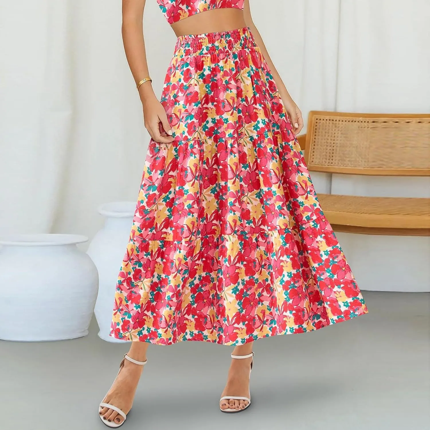 Boho Maxi Skirts for Women 2025 Tiered Floral Pleated Long Skirt Casual Hawaiian Elastic Waist Beach Flowy Skirt