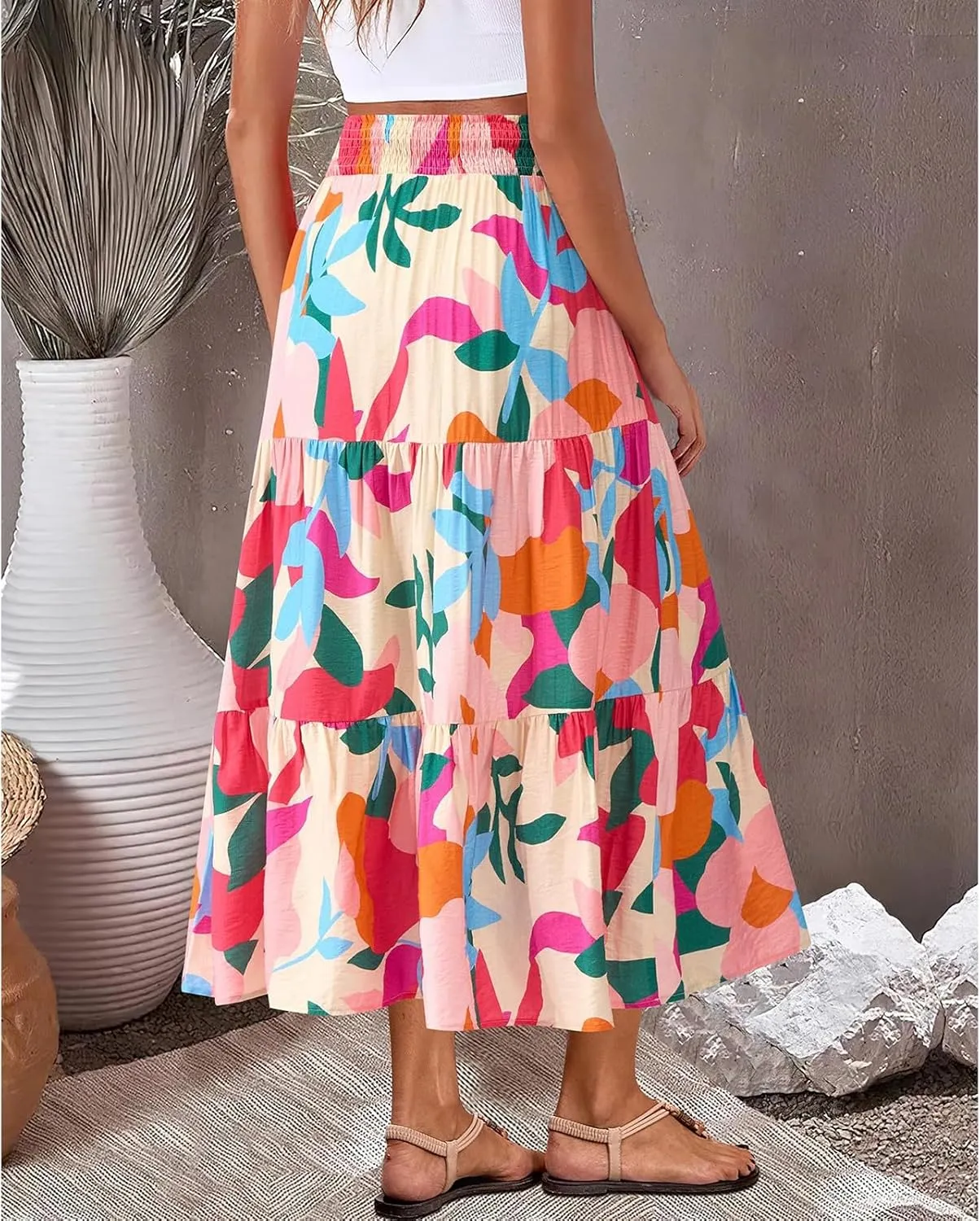 Boho Maxi Skirts for Women 2025 Tiered Floral Pleated Long Skirt Casual Hawaiian Elastic Waist Beach Flowy Skirt