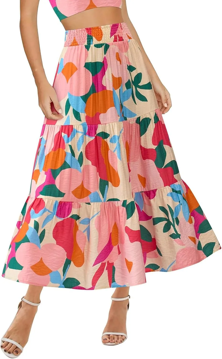 Boho Maxi Skirts for Women 2025 Tiered Floral Pleated Long Skirt Casual Hawaiian Elastic Waist Beach Flowy Skirt