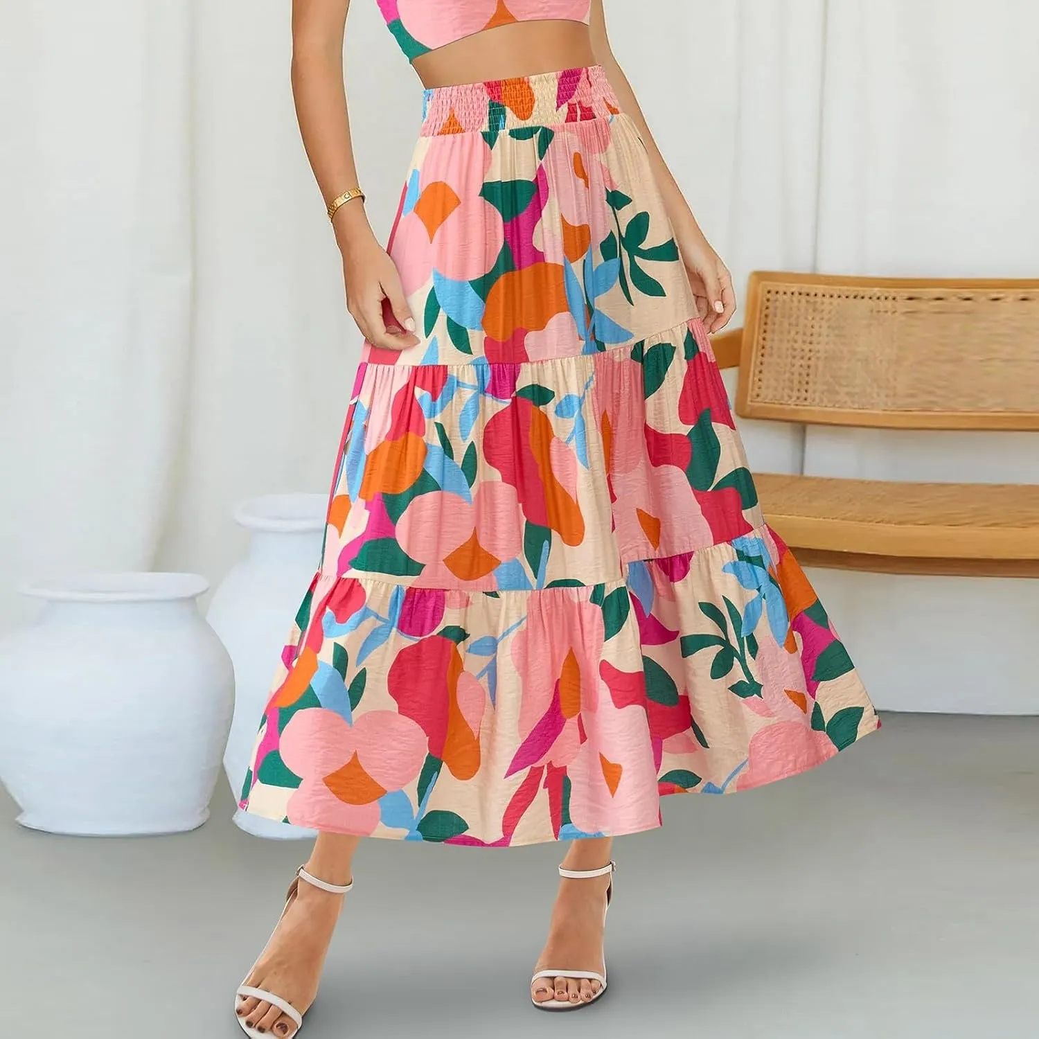 Boho Maxi Skirts for Women 2025 Tiered Floral Pleated Long Skirt Casual Hawaiian Elastic Waist Beach Flowy Skirt