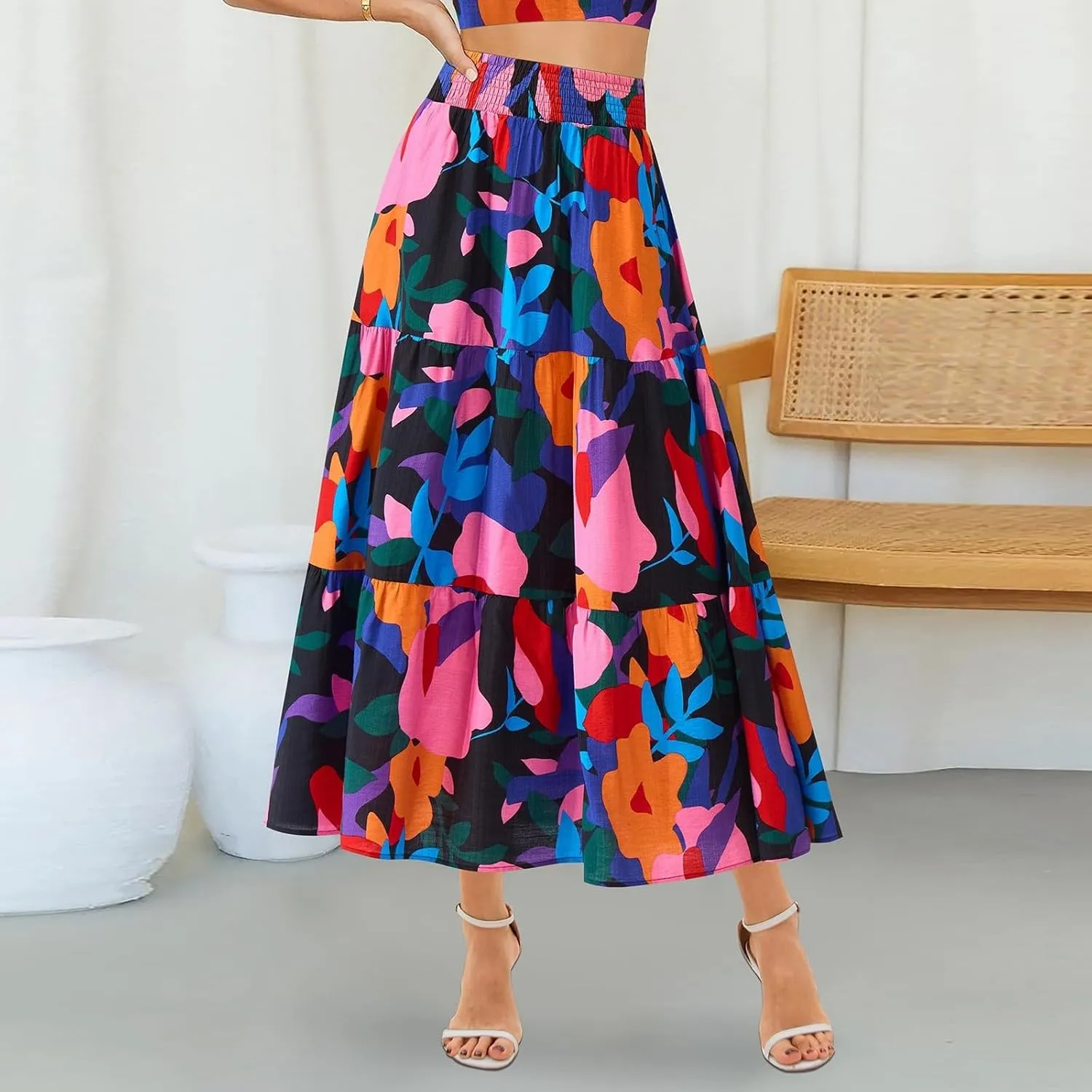 Boho Maxi Skirts for Women 2025 Tiered Floral Pleated Long Skirt Casual Hawaiian Elastic Waist Beach Flowy Skirt