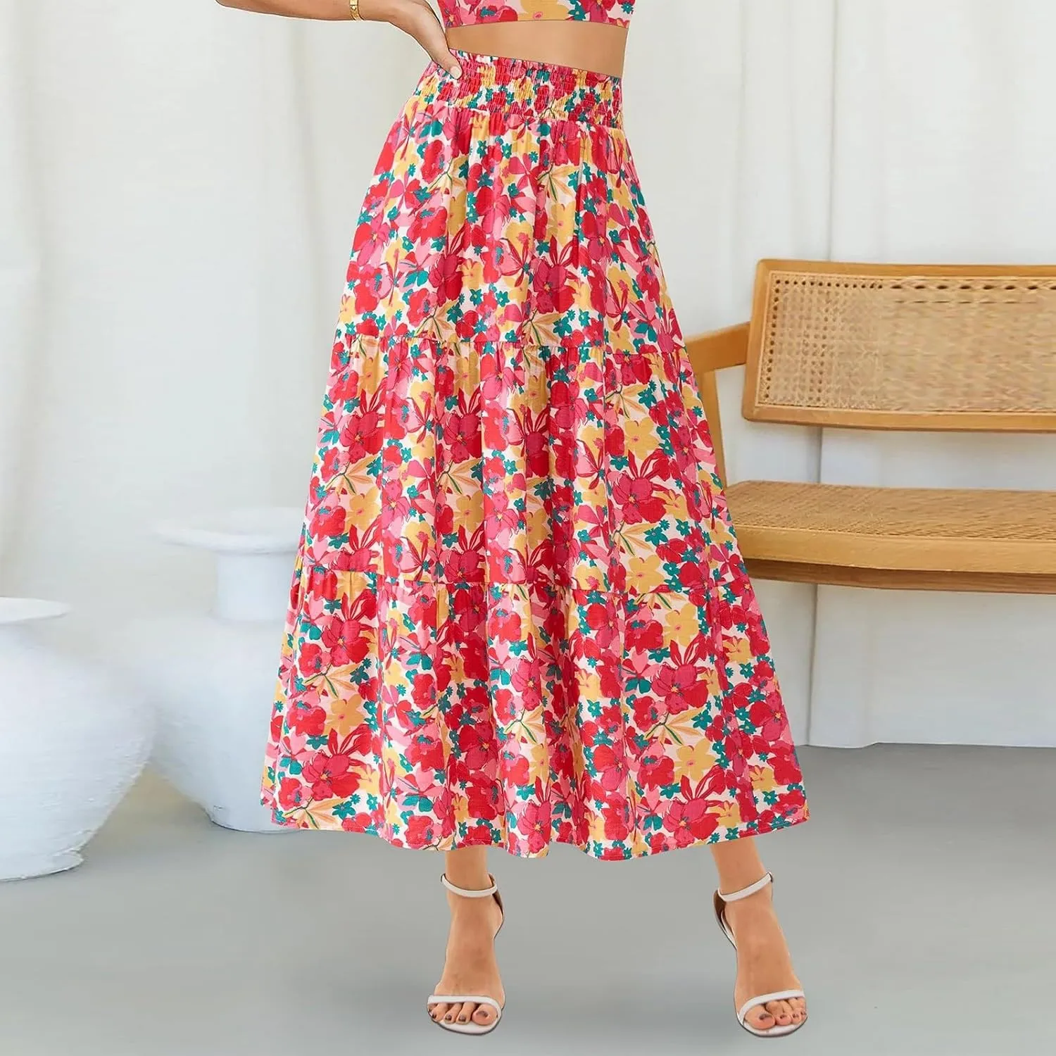 Boho Maxi Skirts for Women 2025 Tiered Floral Pleated Long Skirt Casual Hawaiian Elastic Waist Beach Flowy Skirt