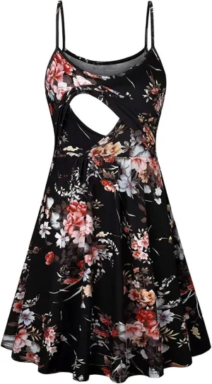 Breastfeeding Dress for Women Summer Sleeveless Maternity Nursing Dress Spaghetti Strap Floral Nursing Dress