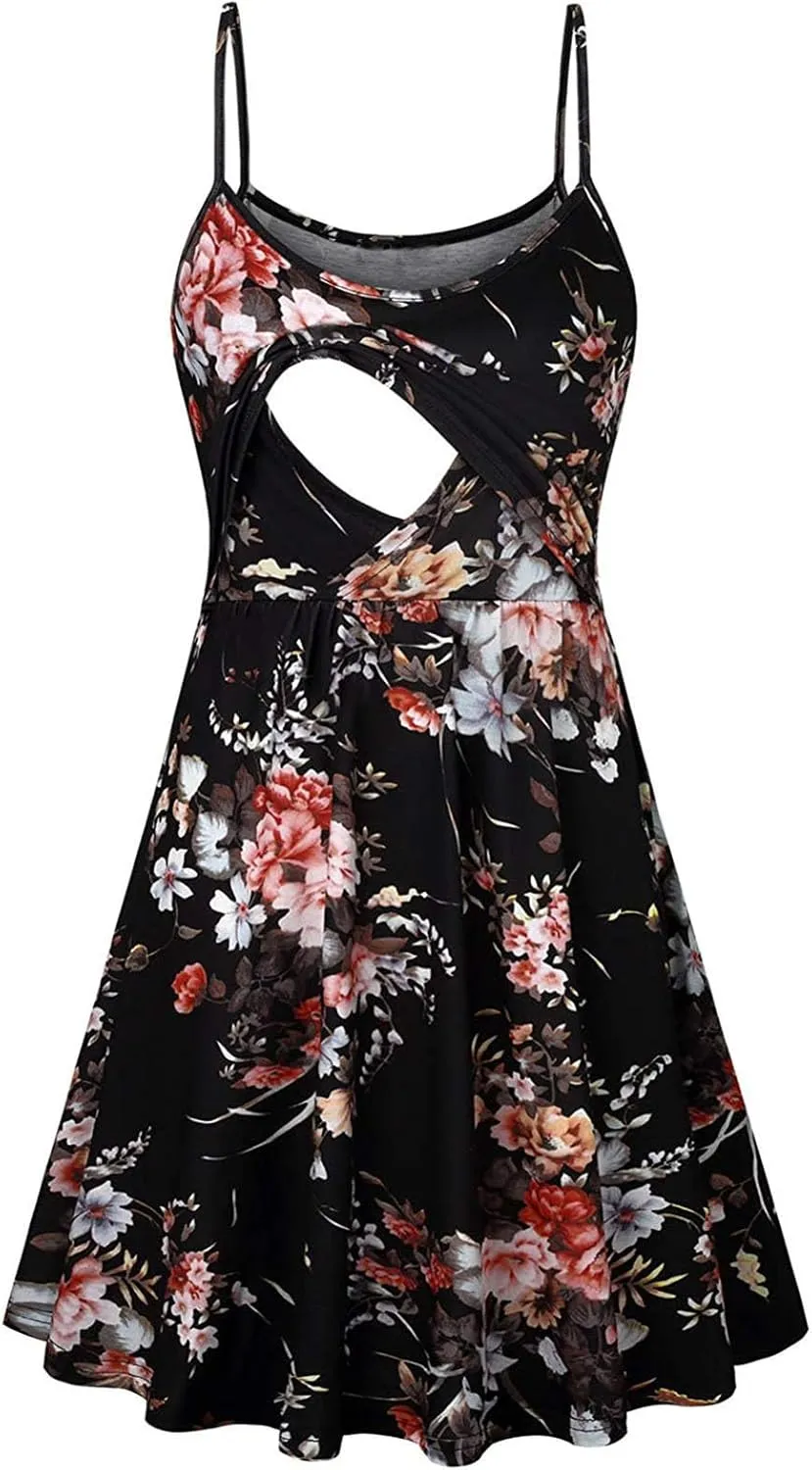 Breastfeeding Dress for Women Summer Sleeveless Maternity Nursing Dress Spaghetti Strap Floral Nursing Dress