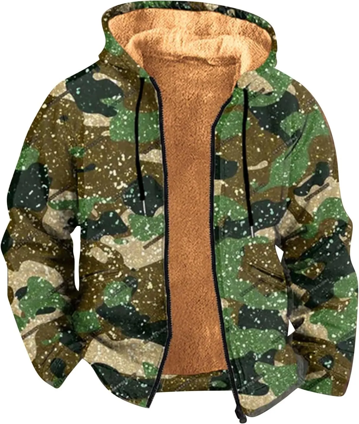 Camouflage Fleece Jacket Men with Hood Full Zip Up Sherpa Lined Hoodies Winter Warm Heavyweight Jackets Coats Outwear