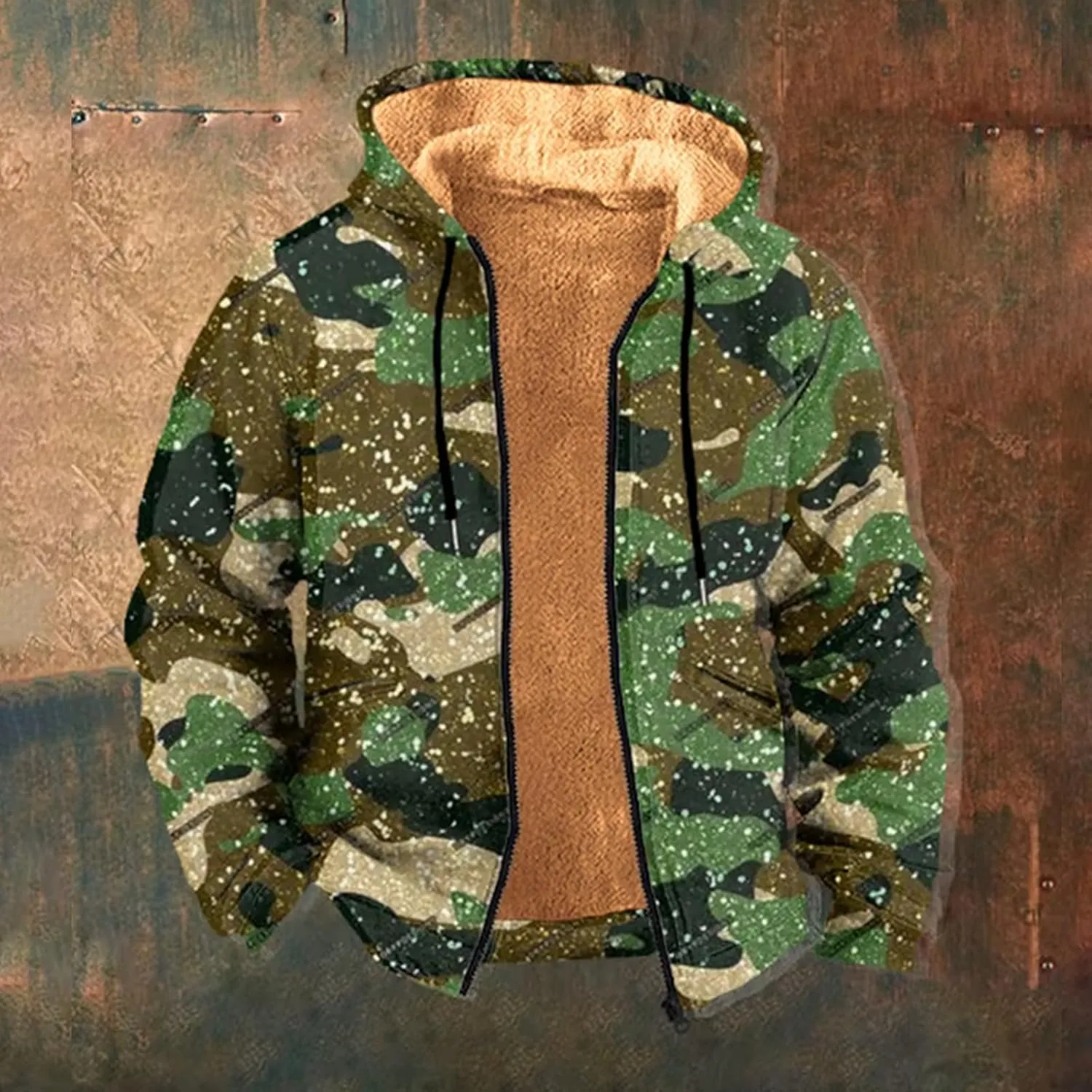 Camouflage Fleece Jacket Men with Hood Full Zip Up Sherpa Lined Hoodies Winter Warm Heavyweight Jackets Coats Outwear