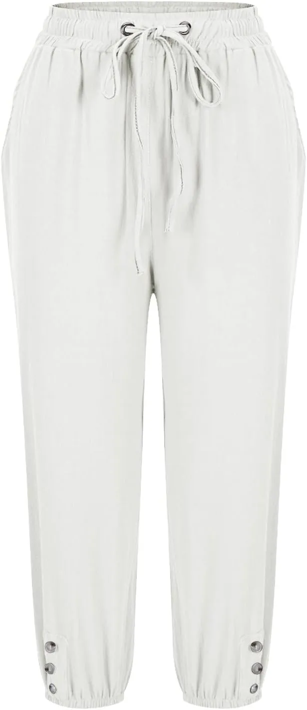Capri Pants for Women Casual Straight Wide Leg Cropped Trousers Drawstring Elastic High Waist Linen Summer Pant