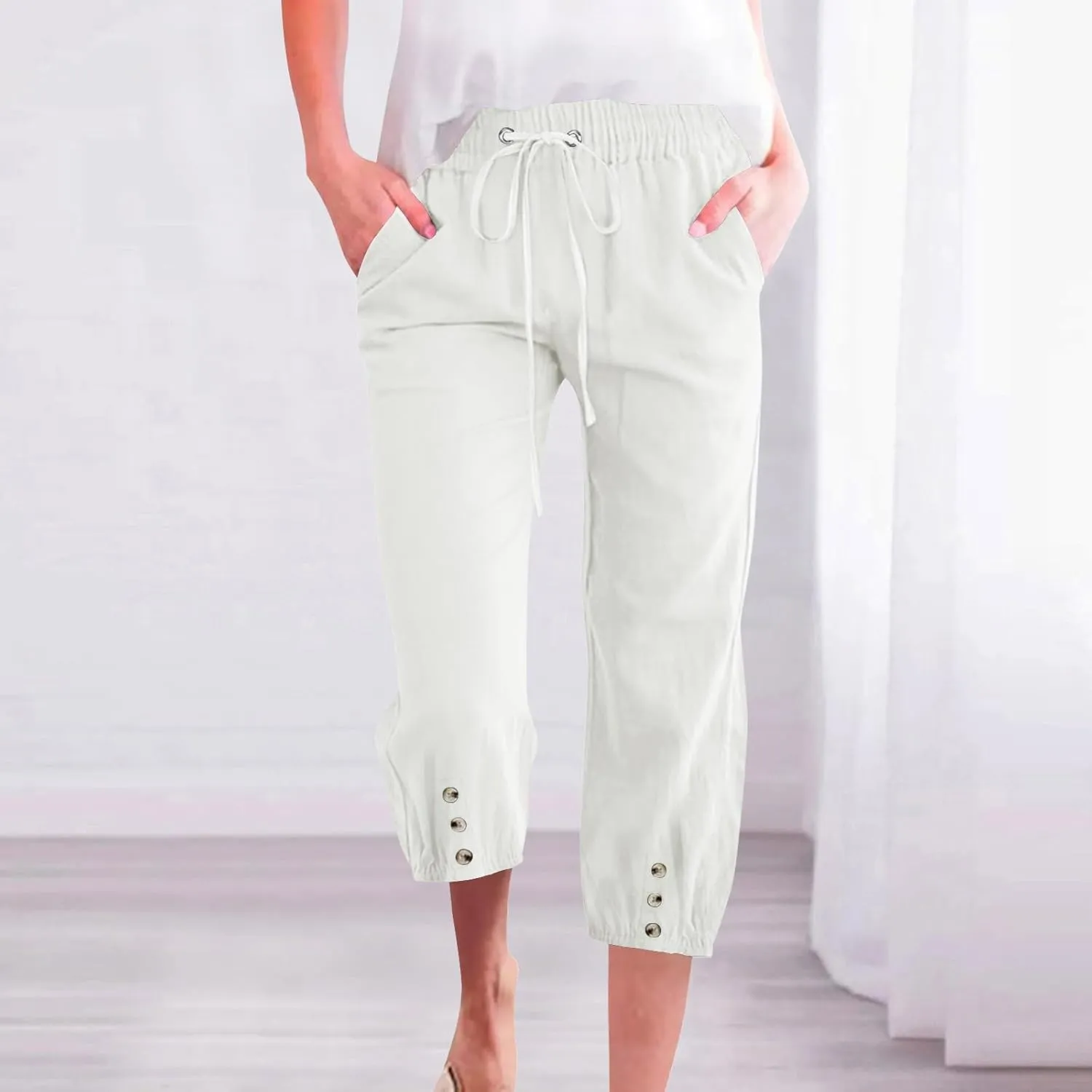 Capri Pants for Women Casual Straight Wide Leg Cropped Trousers Drawstring Elastic High Waist Linen Summer Pant