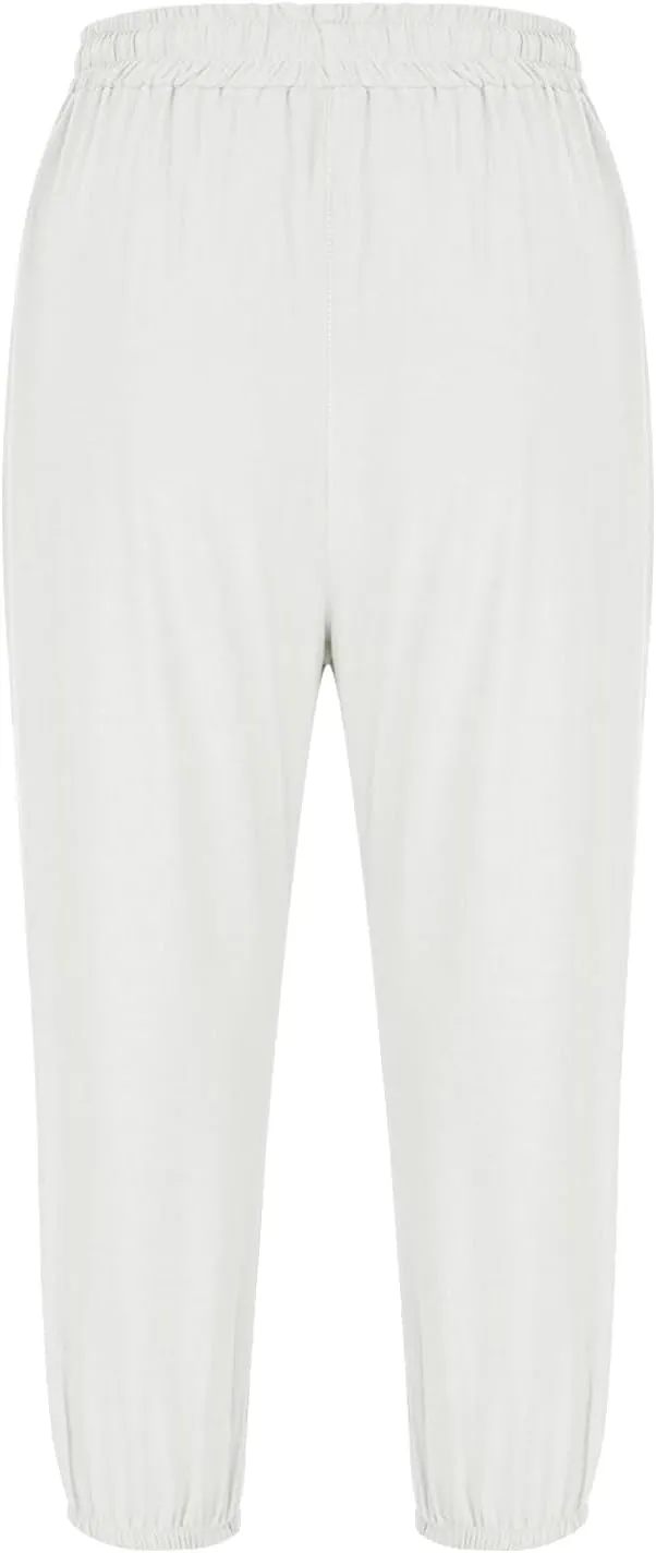 Capri Pants for Women Casual Straight Wide Leg Cropped Trousers Drawstring Elastic High Waist Linen Summer Pant