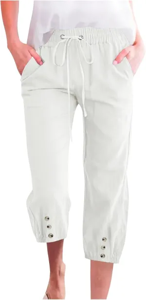 Capri Pants for Women Casual Straight Wide Leg Cropped Trousers Drawstring Elastic High Waist Linen Summer Pant