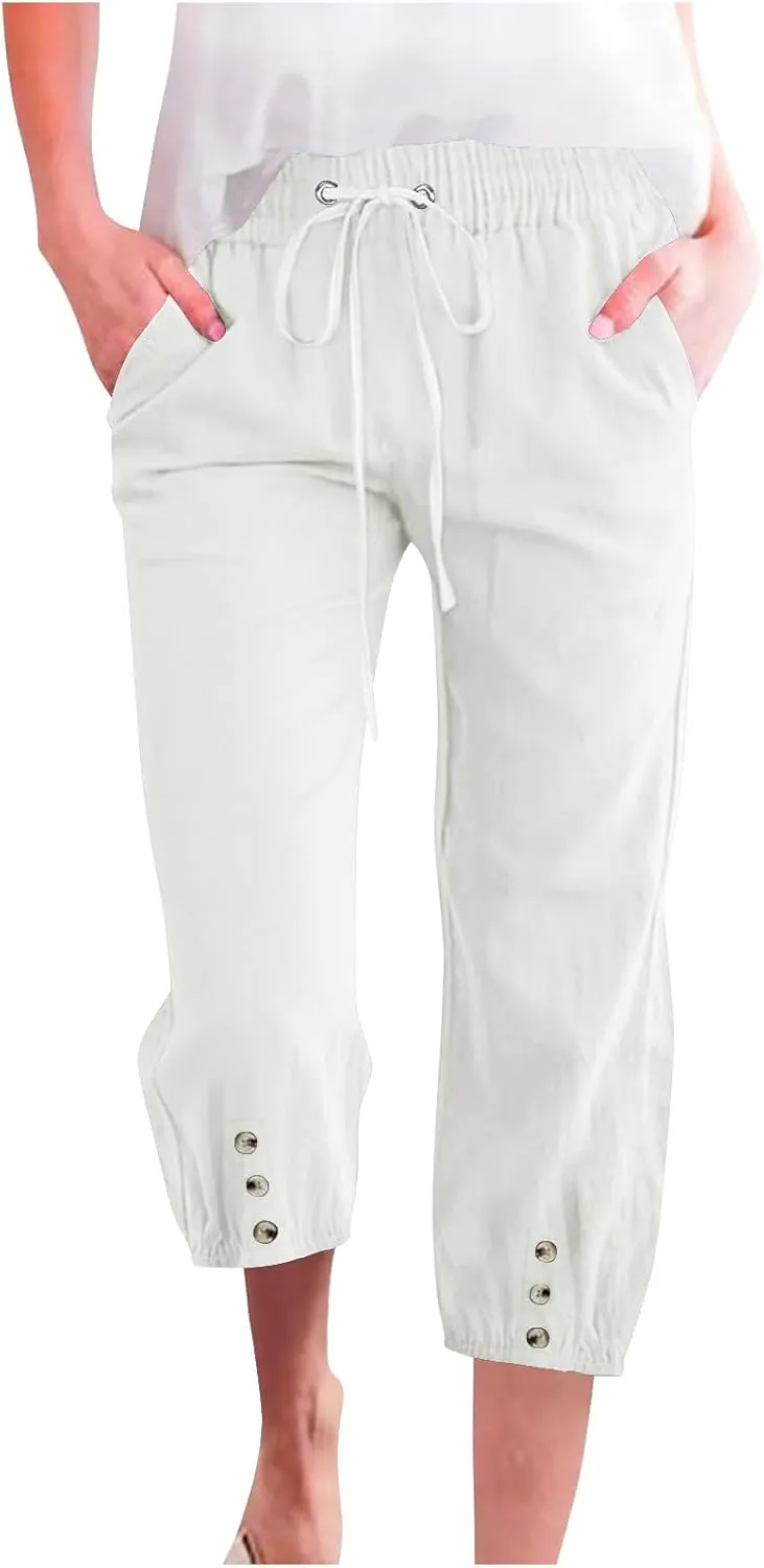 Capri Pants for Women Casual Straight Wide Leg Cropped Trousers Drawstring Elastic High Waist Linen Summer Pant