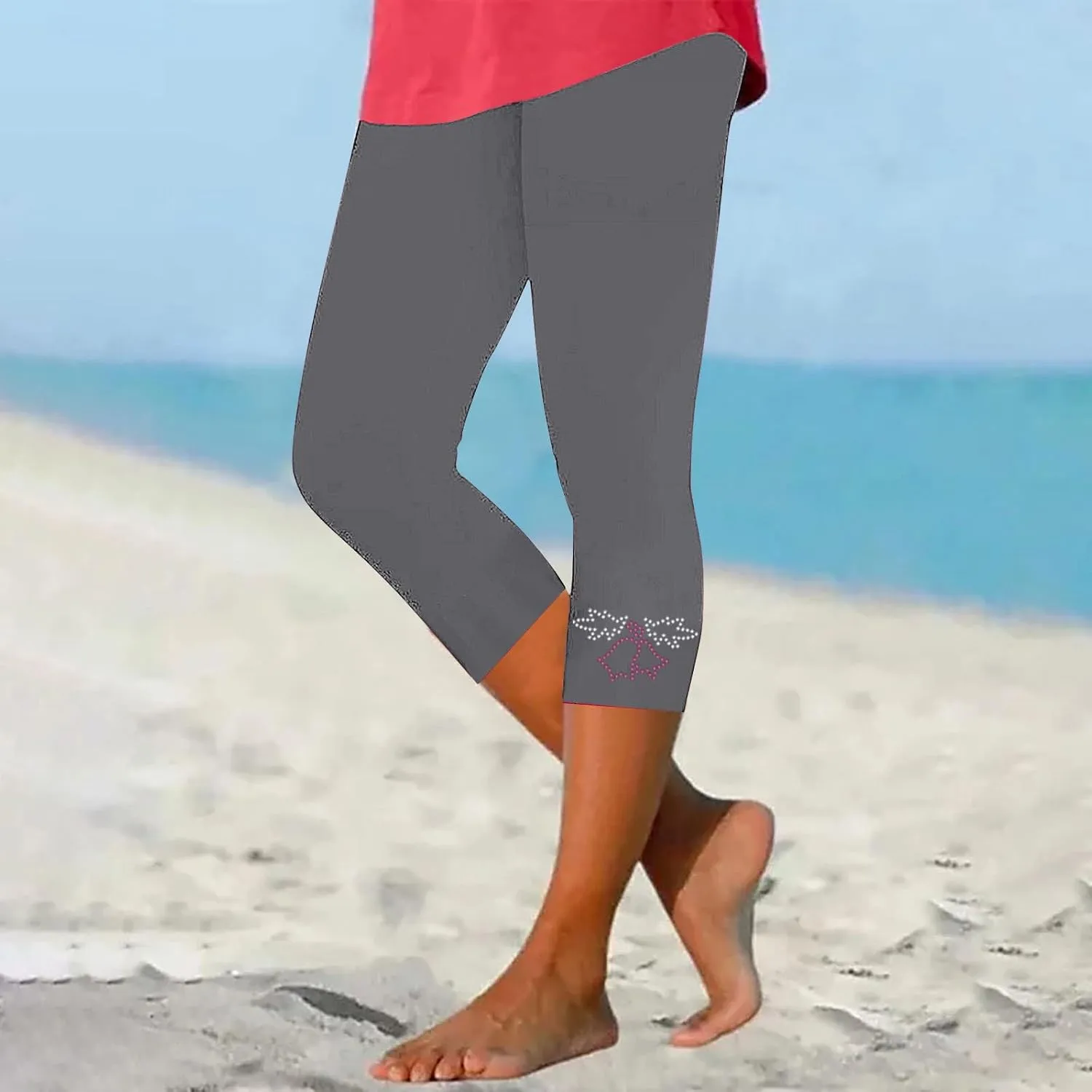 Capri Pants for Women Rhinestone Cropped Trousers Ladies 3/4 Length Leggings Summer Stretch Yoga Pant Bottoms