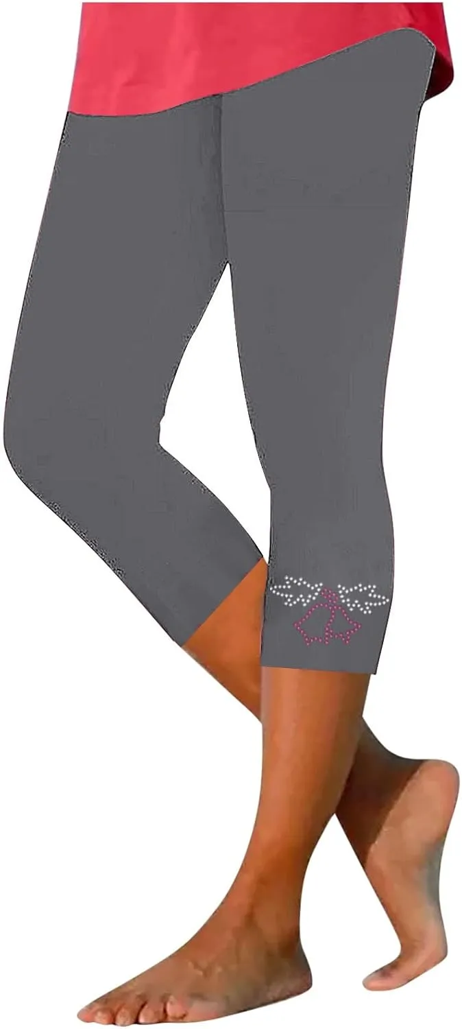 Capri Pants for Women Rhinestone Cropped Trousers Ladies 3/4 Length Leggings Summer Stretch Yoga Pant Bottoms