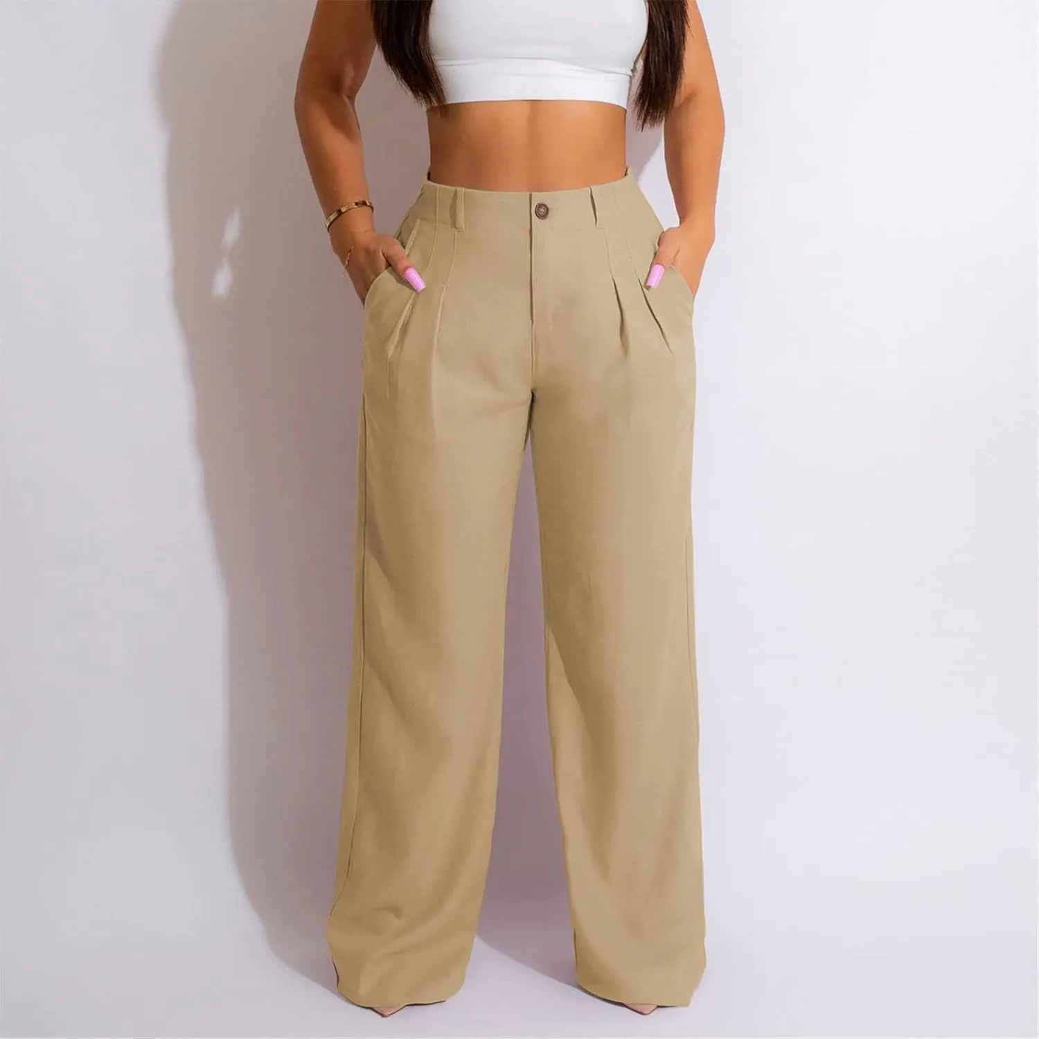 Cargo Pants for Women Casual Solid Pant Straight High Waist Buttons Pleated Trousers Wide Leg Sweatpants with Pocket