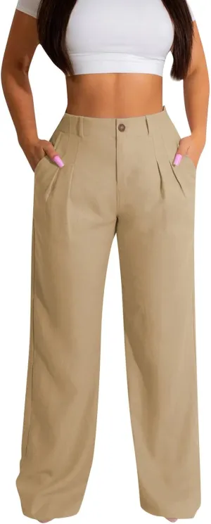 Cargo Pants for Women Casual Solid Pant Straight High Waist Buttons Pleated Trousers Wide Leg Sweatpants with Pocket