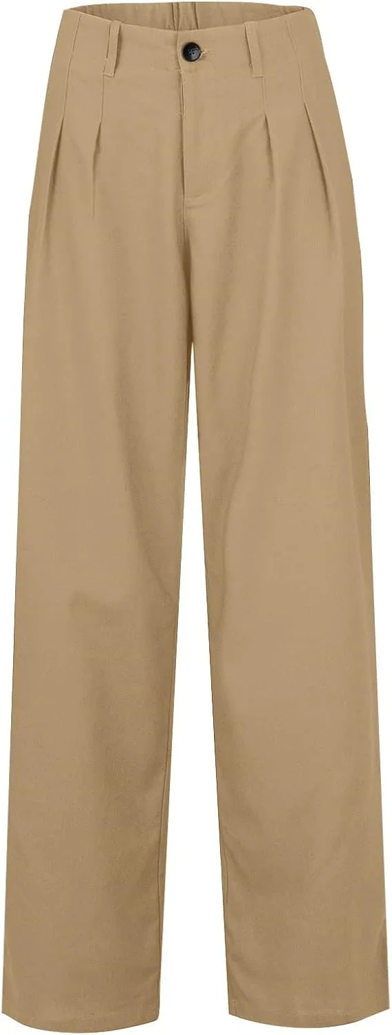 Cargo Pants for Women Casual Solid Pant Straight High Waist Buttons Pleated Trousers Wide Leg Sweatpants with Pocket