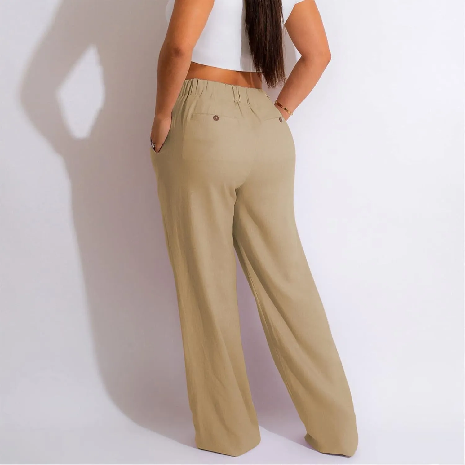 Cargo Pants for Women Casual Solid Pant Straight High Waist Buttons Pleated Trousers Wide Leg Sweatpants with Pocket