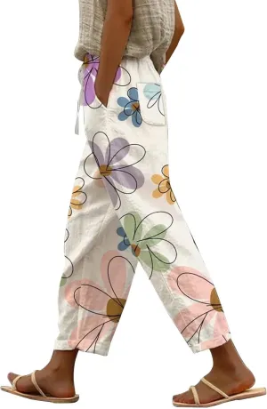 Casual Drawstring Beach Pants Floral Printed Loose Fit Trousers with Pockets Plus Size Wide Leg Pants for Women