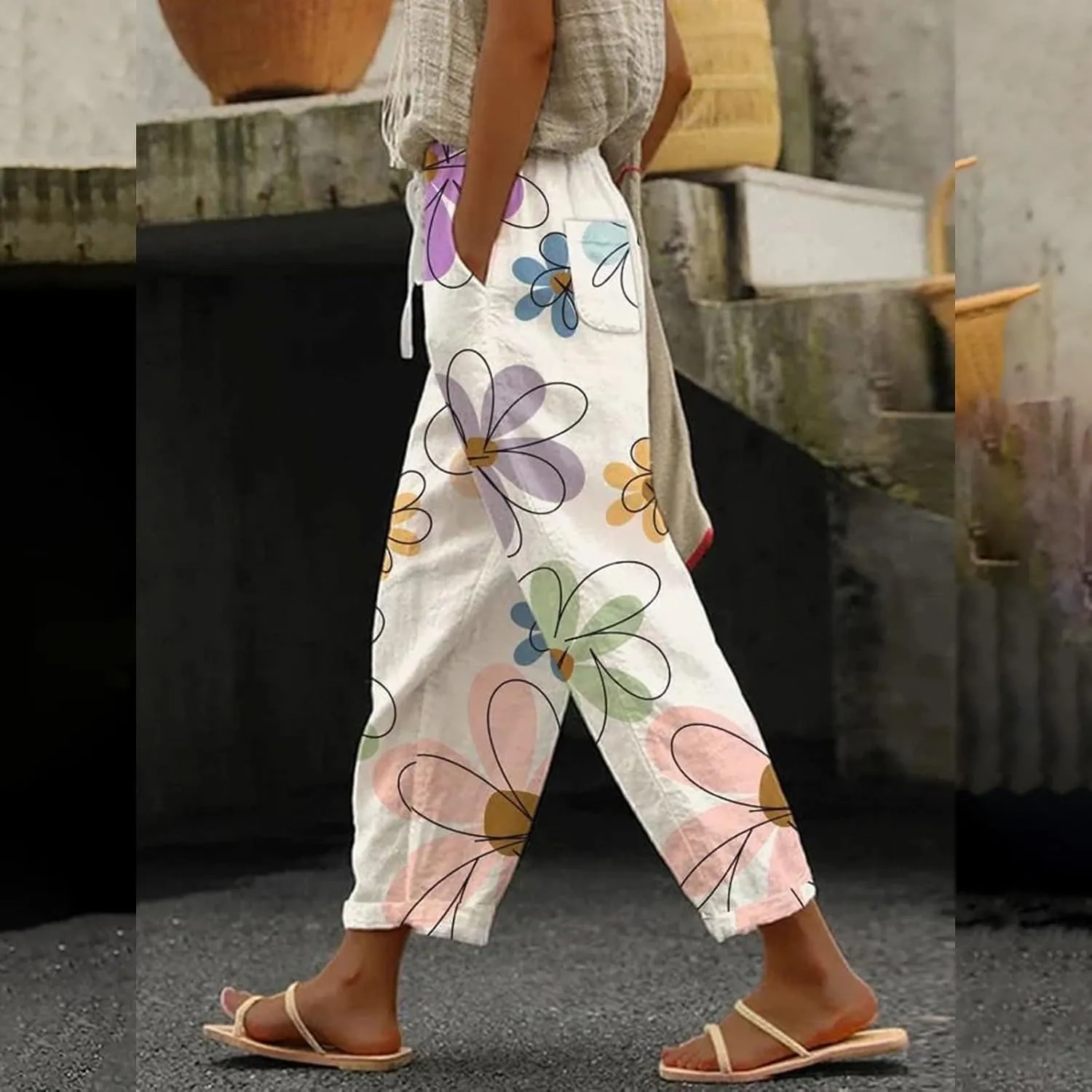 Casual Drawstring Beach Pants Floral Printed Loose Fit Trousers with Pockets Plus Size Wide Leg Pants for Women
