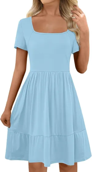 Casual Dresses for Women Flowy Pleated Summer Dress Short Sleeve Elegant Dresses Square Neck Vacation Dress 2025