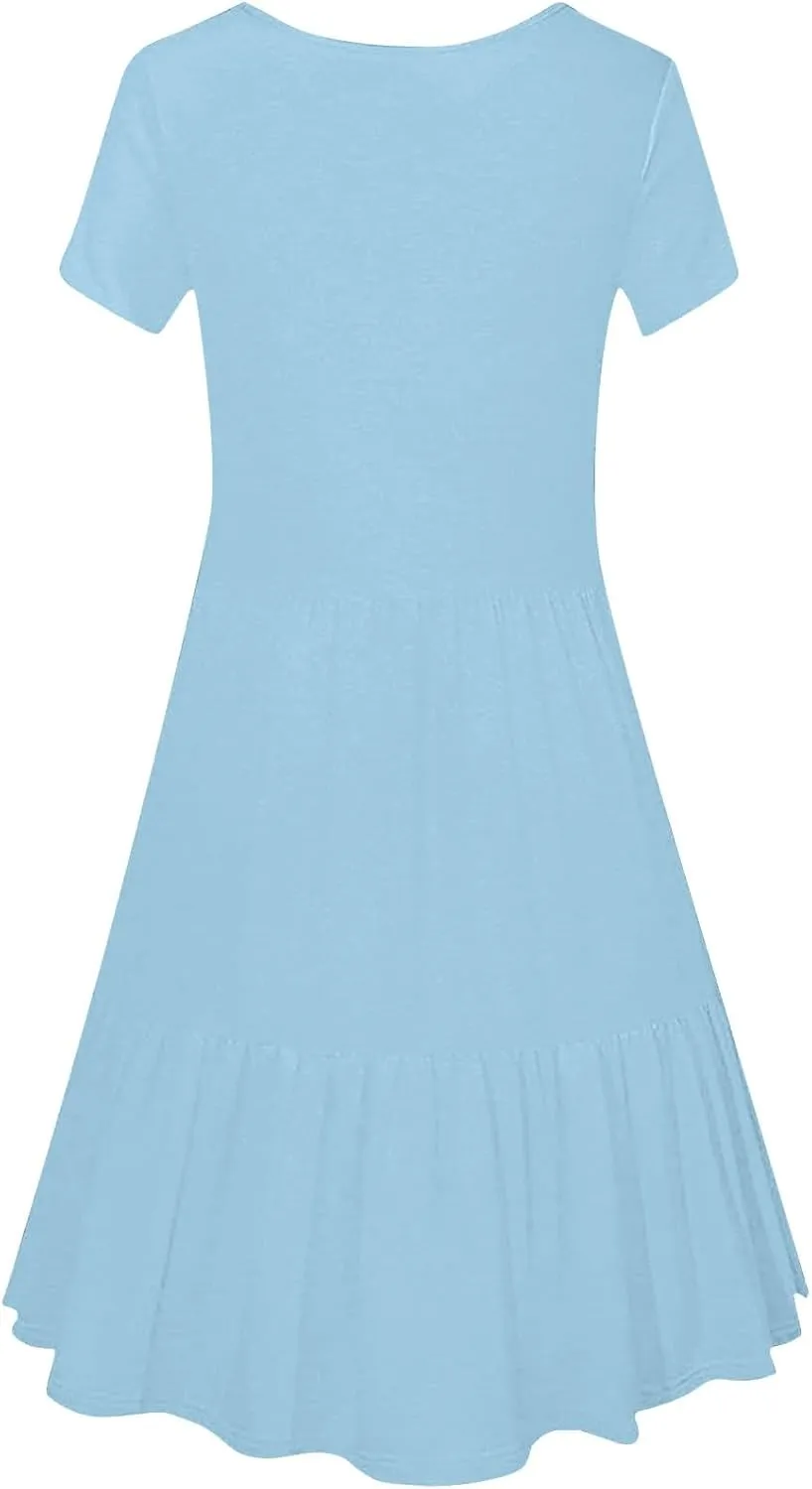 Casual Dresses for Women Flowy Pleated Summer Dress Short Sleeve Elegant Dresses Square Neck Vacation Dress 2025