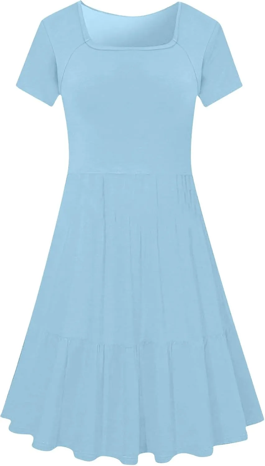 Casual Dresses for Women Flowy Pleated Summer Dress Short Sleeve Elegant Dresses Square Neck Vacation Dress 2025