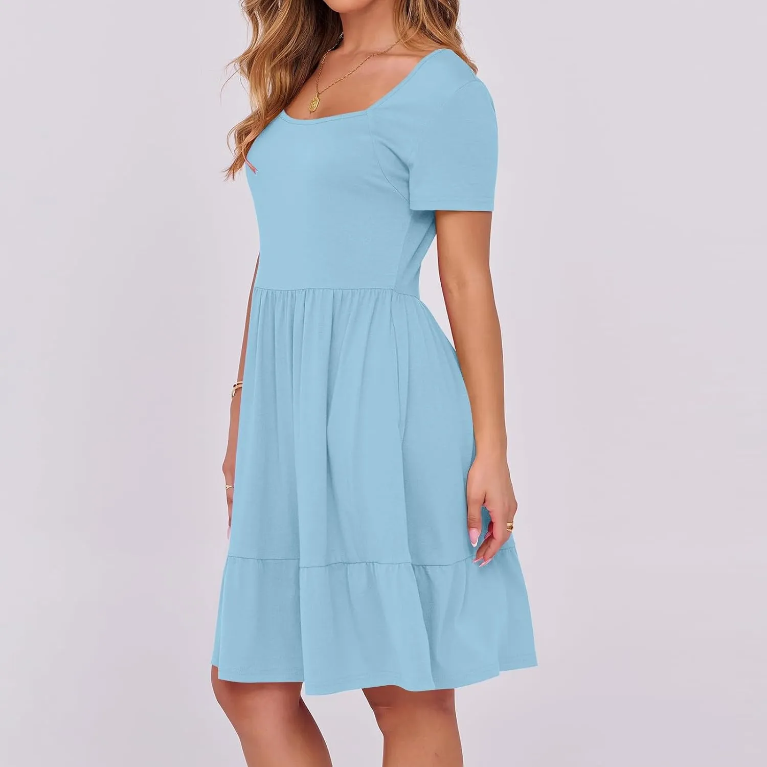 Casual Dresses for Women Flowy Pleated Summer Dress Short Sleeve Elegant Dresses Square Neck Vacation Dress 2025