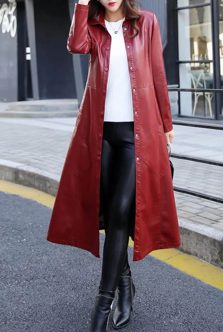 Casual Leather Mid-length Trench Coat