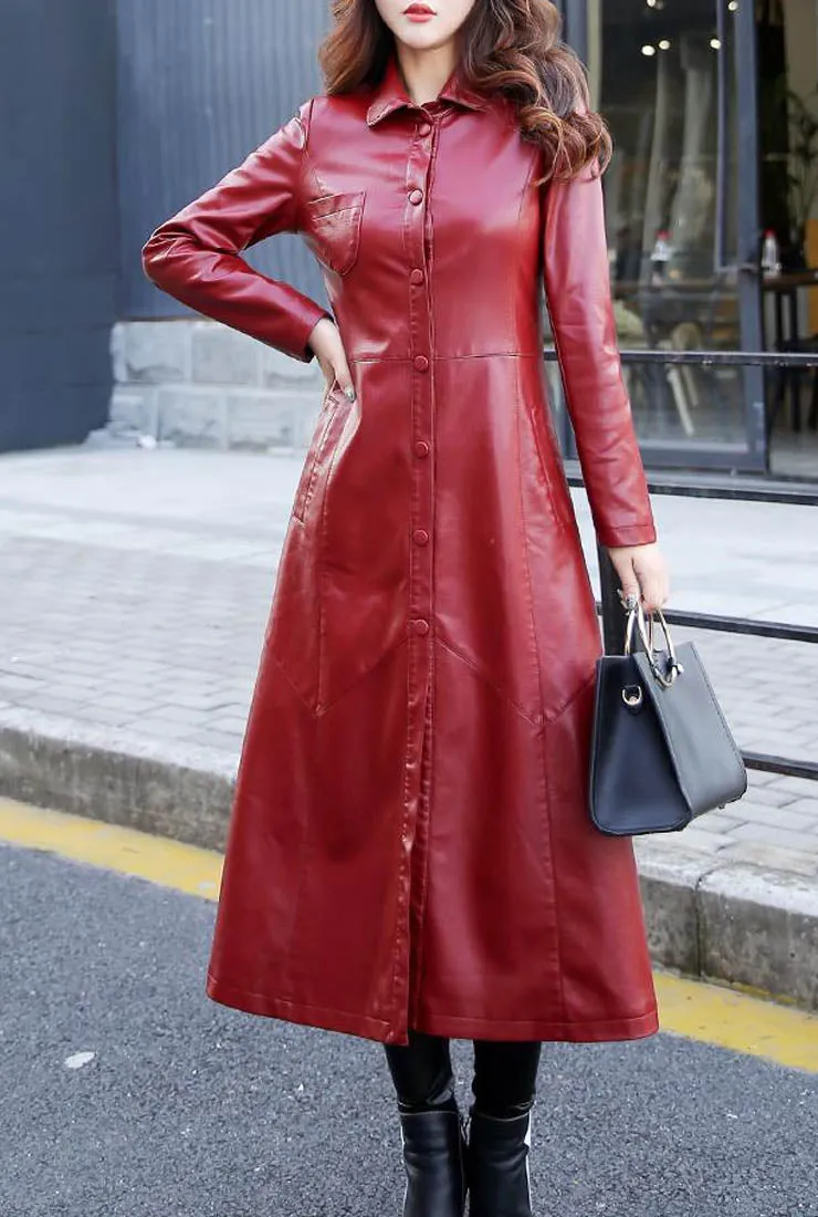 Casual Leather Mid-length Trench Coat
