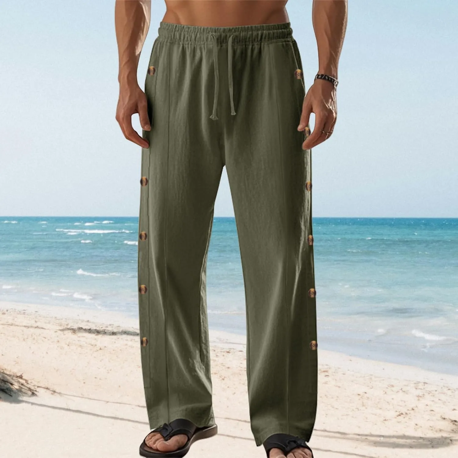 Casual Linen Pants for Men Side Button Elastic Waist Trousers Drawstring Open Bottom Pants Summer Baggy Thin Trousers