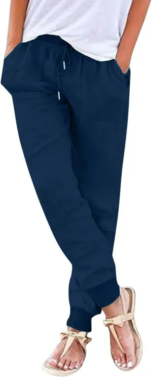 Casual Pants for Women Loose Fit Solid Color High Waisted Pant Baggy Drawstring Elastic Waist Trouser with Pockets