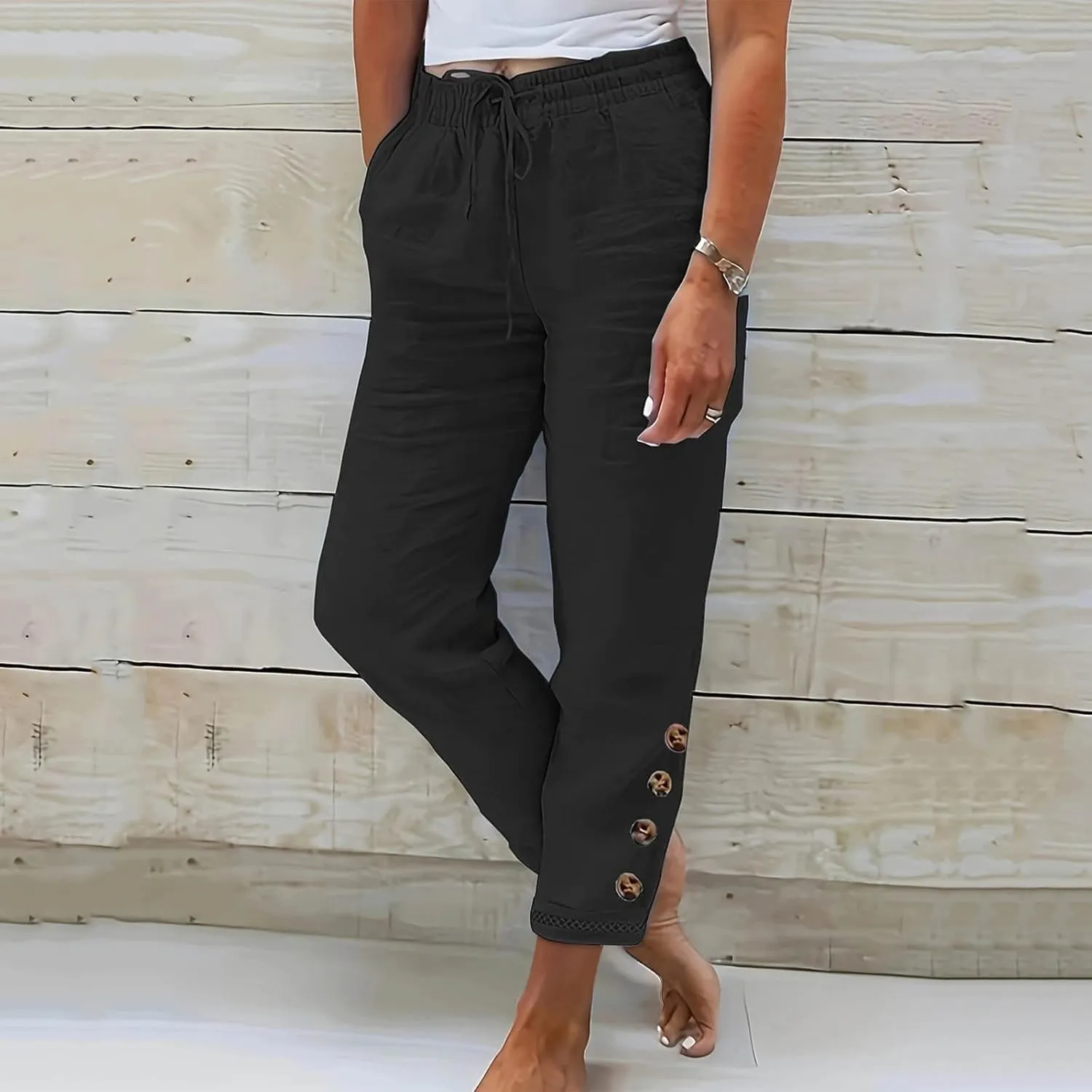 Casual Pants for Women Summer Cotton Linen Comfy Pants Drawstring Elastic Waist Buttons Decor Ankle Trousers