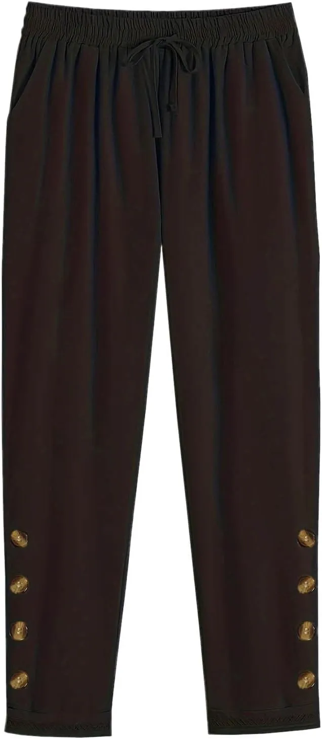 Casual Pants for Women Summer Cotton Linen Comfy Pants Drawstring Elastic Waist Buttons Decor Ankle Trousers