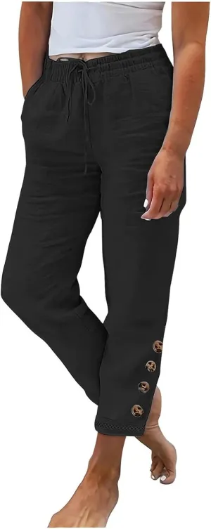 Casual Pants for Women Summer Cotton Linen Comfy Pants Drawstring Elastic Waist Buttons Decor Ankle Trousers