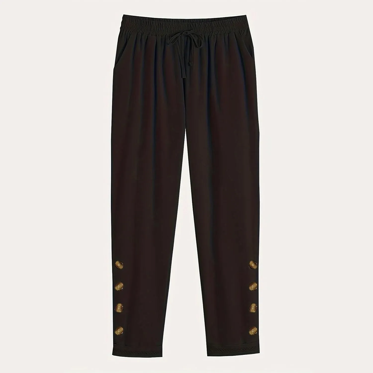 Casual Pants for Women Summer Cotton Linen Comfy Pants Drawstring Elastic Waist Buttons Decor Ankle Trousers