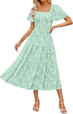 Casual Summer Dresses for Women 2025,Women's Cotton Summer Boho Floral Printed Midi Dresses Elegant Square Neck Dress