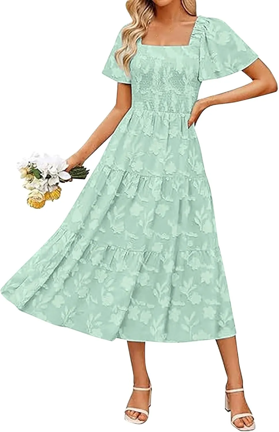 Casual Summer Dresses for Women 2025,Women's Cotton Summer Boho Floral Printed Midi Dresses Elegant Square Neck Dress