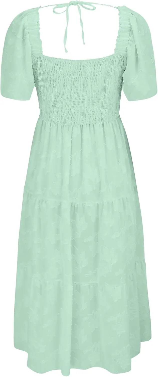 Casual Summer Dresses for Women 2025,Women's Cotton Summer Boho Floral Printed Midi Dresses Elegant Square Neck Dress