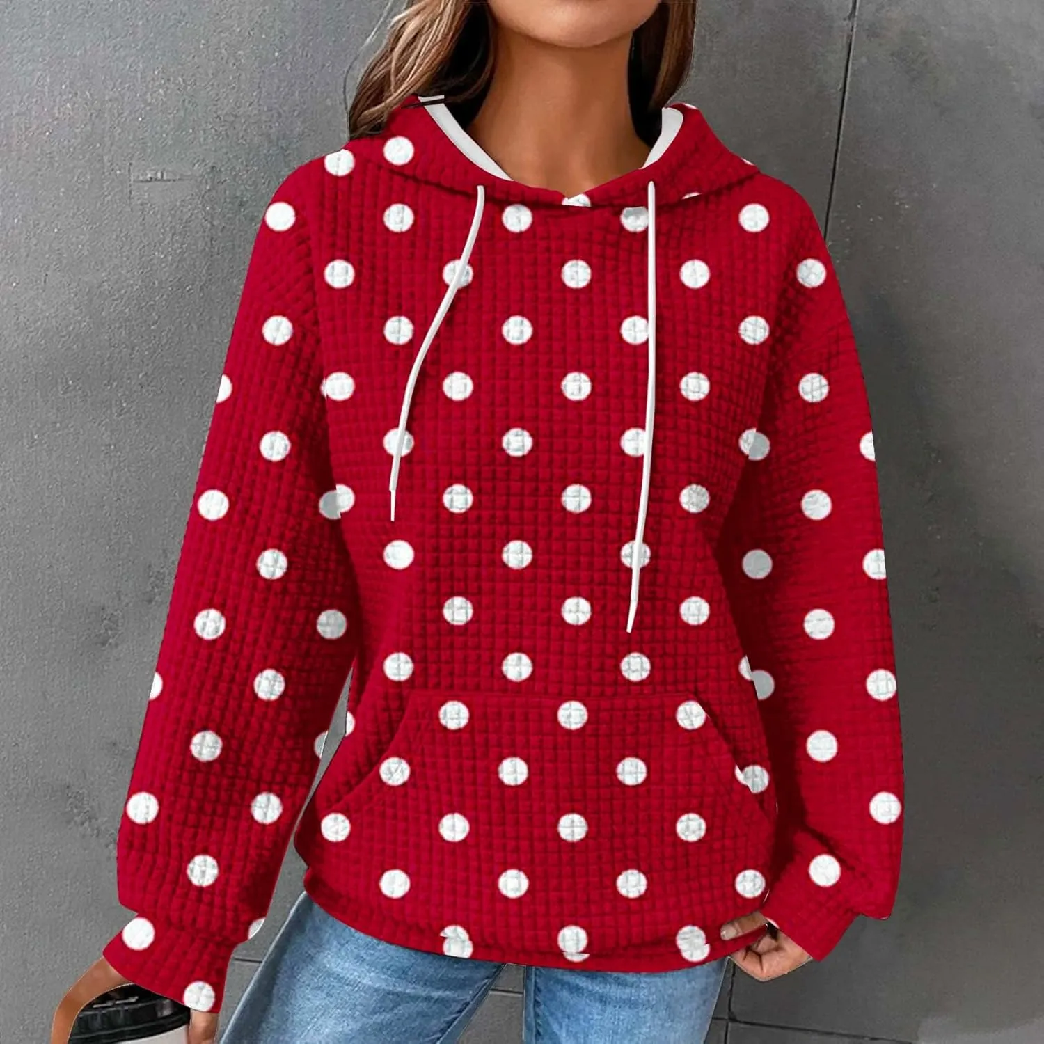 Casual Sweatshirts for Women Cute Polka Dots Drawstring Hoodies Athletic Pullover Hoody Fall Tops Cozy Preppy Clothes