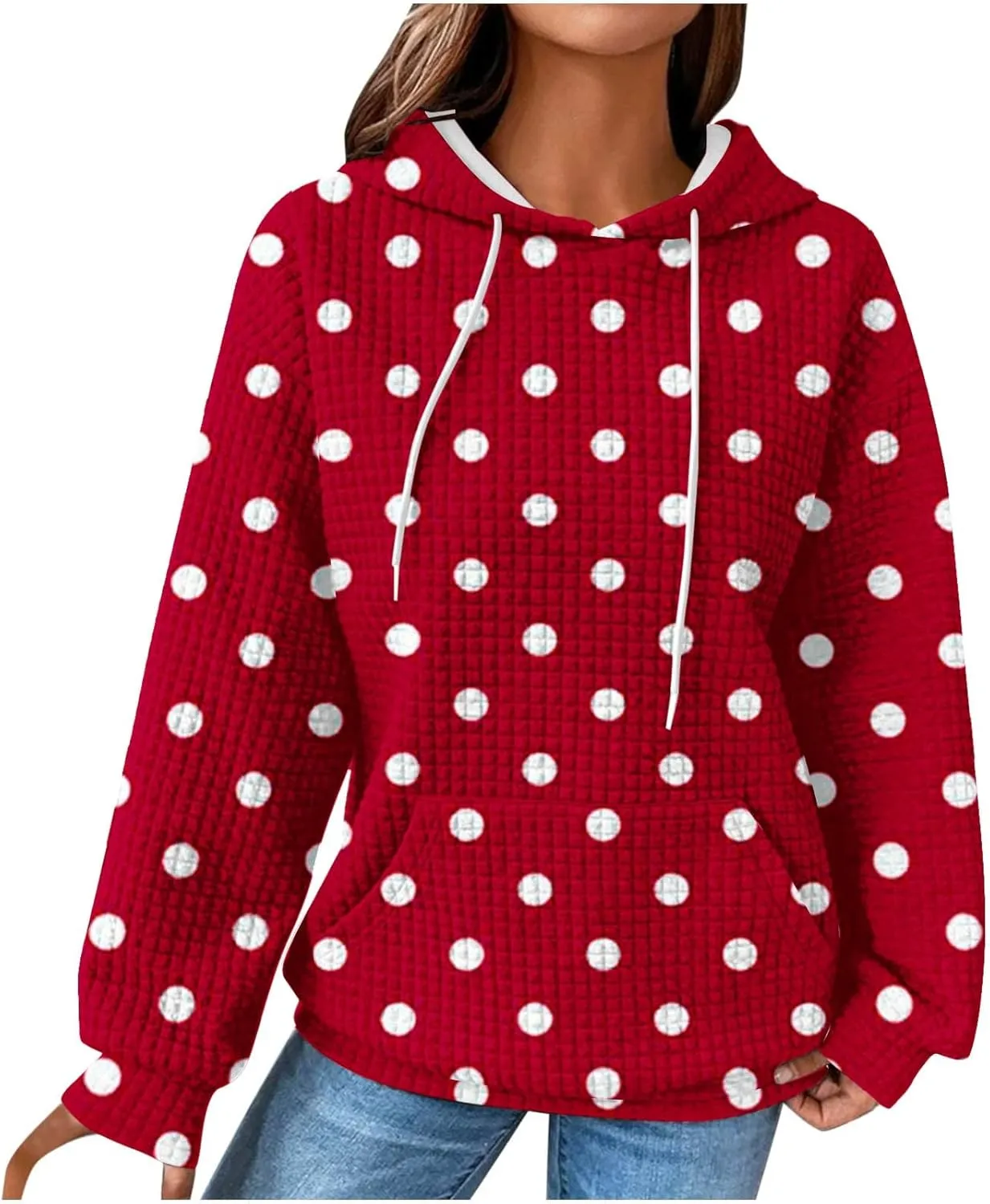 Casual Sweatshirts for Women Cute Polka Dots Drawstring Hoodies Athletic Pullover Hoody Fall Tops Cozy Preppy Clothes