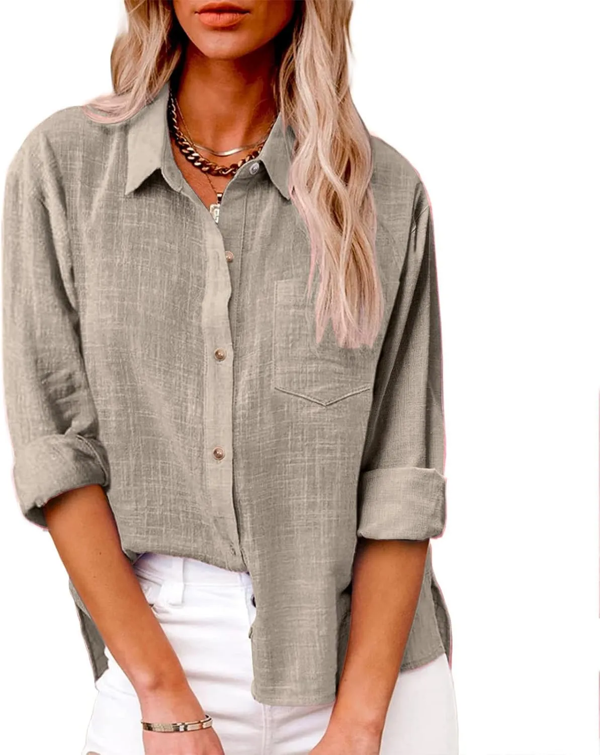 Ceboyel Women Cotton Linen Summer Tops Button Down Shirts Dressy Causal Long Sleeve Gauze Blouses Trendy Boho Clothes 2024