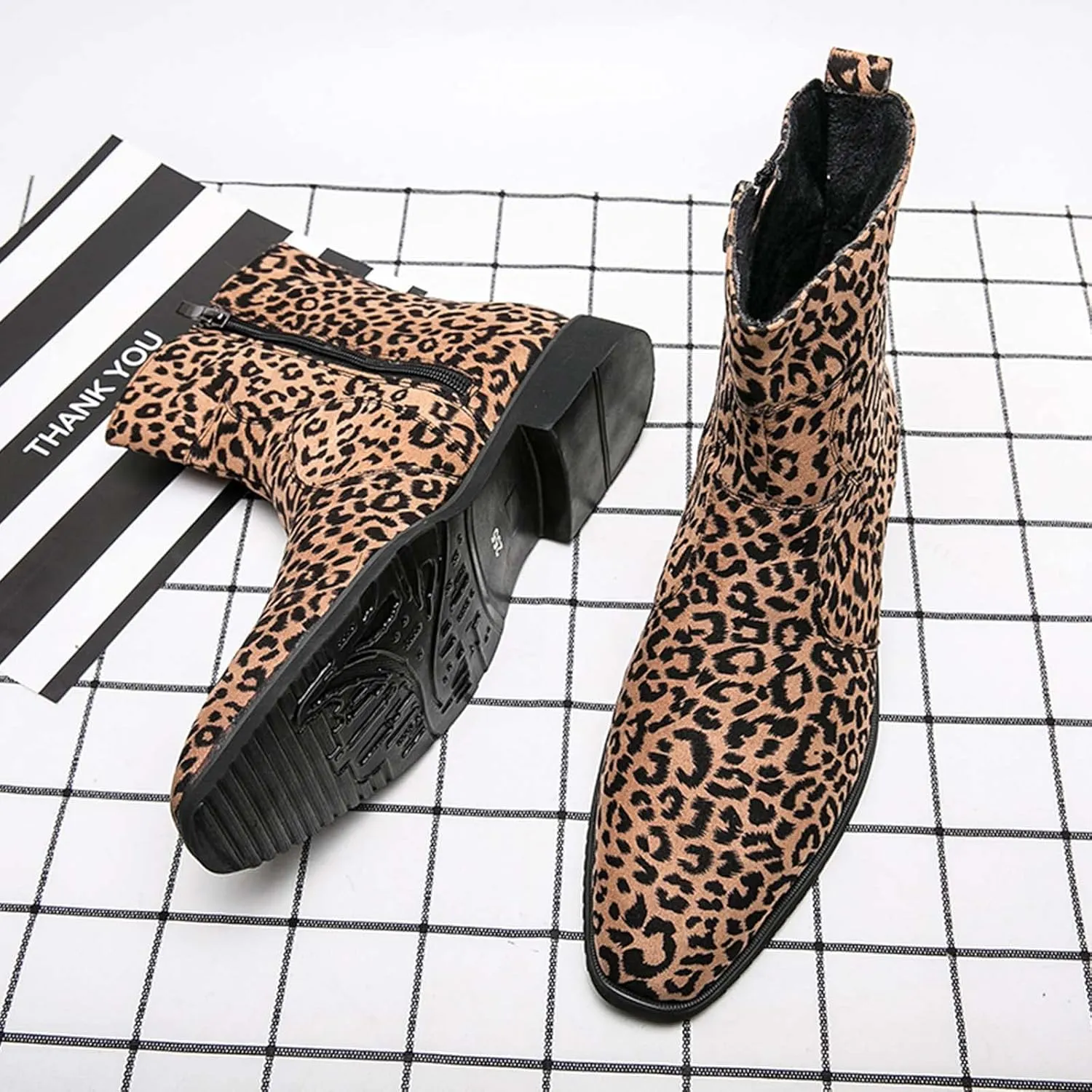 CERYTHRINA Mens Leopard Chelsea Ankle Boots Soft Fabric Fashion men's boots with Side Zipper
