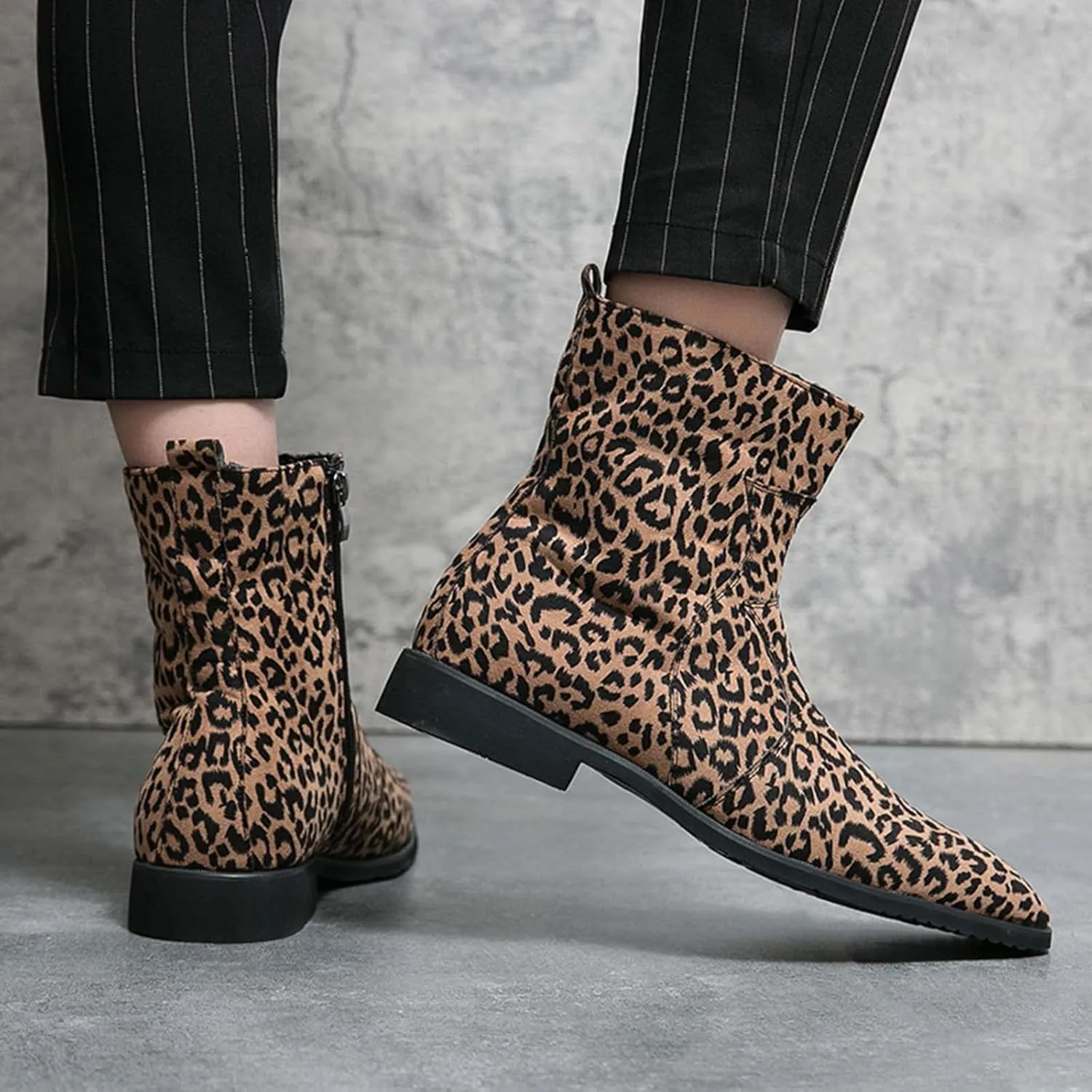CERYTHRINA Mens Leopard Chelsea Ankle Boots Soft Fabric Fashion men's boots with Side Zipper
