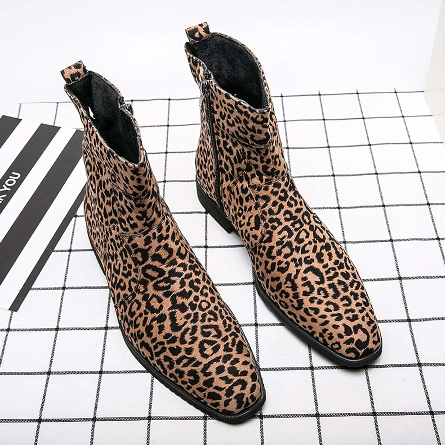 CERYTHRINA Mens Leopard Chelsea Ankle Boots Soft Fabric Fashion men's boots with Side Zipper